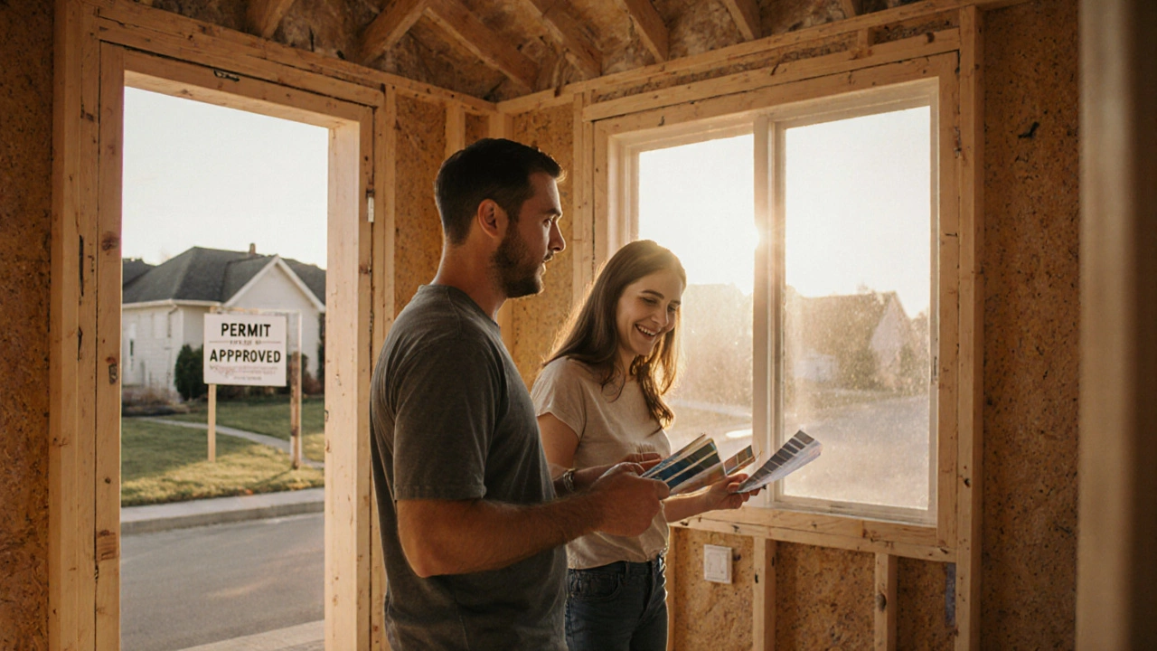 Homeowner selecting paint colors in a partially built custom house during golden hour.