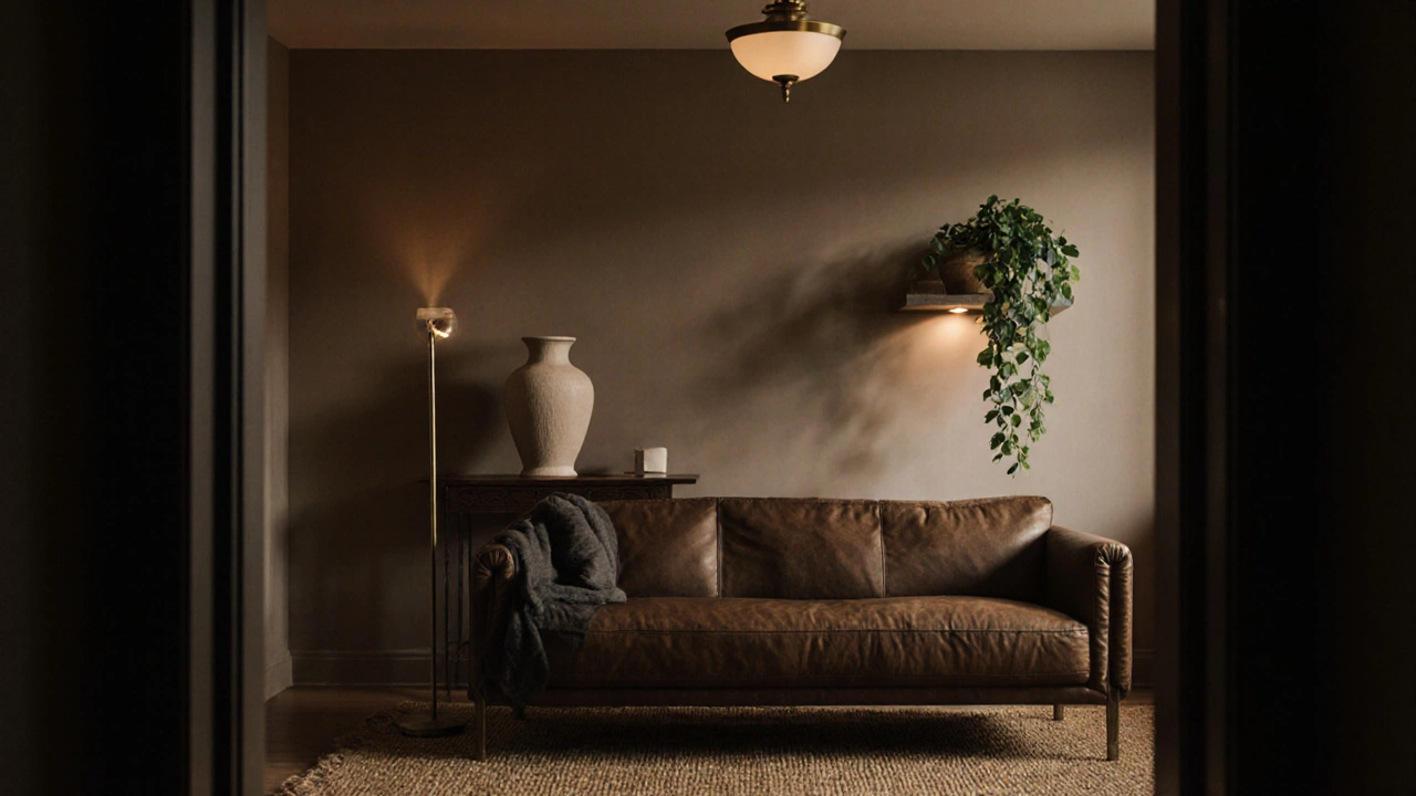 Layered textures in a cozy living room: leather sofa, wool rug, ceramic urn, and trailing plant under warm light.