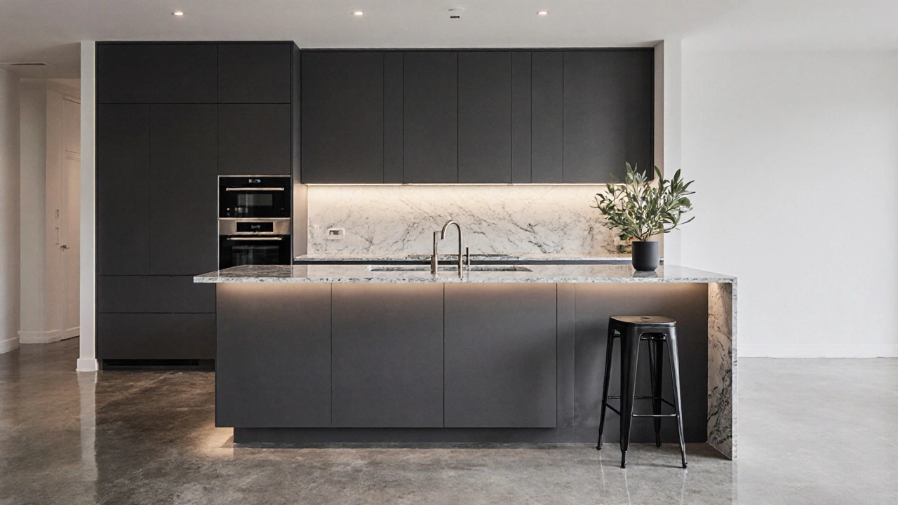 Minimalist kitchen with concrete floors, integrated appliances, and a single bar stool at an island.