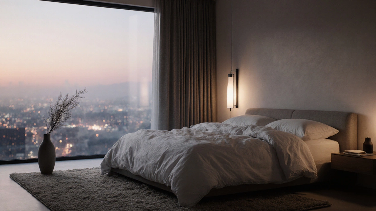 Serene modern bedroom at dawn with linen bedding, wall sconce light, and a single dried branch in a vase.