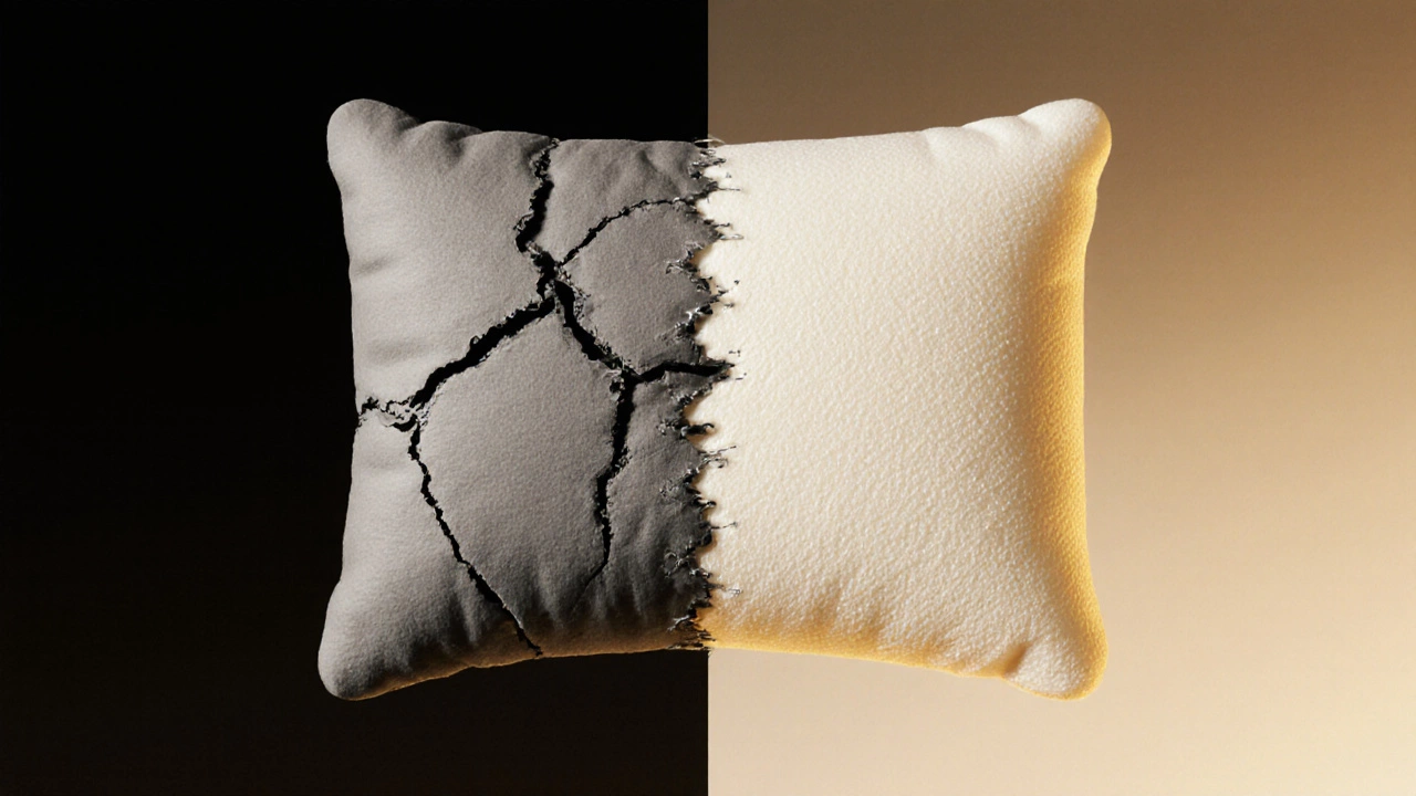 Split image showing worn cushion transforming into repaired one with golden light of renewal.