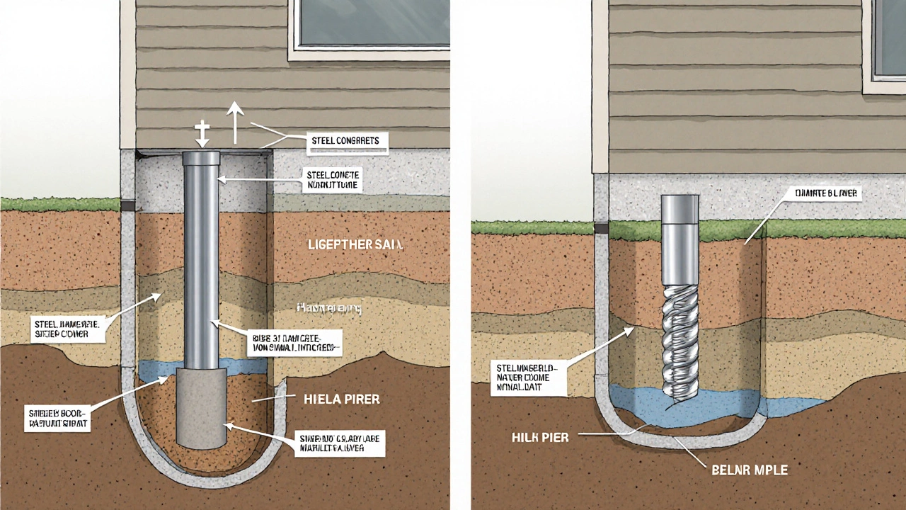 Technical cross-section showing steel concrete piers and helical piers lifting a house from clay soil above bedrock.