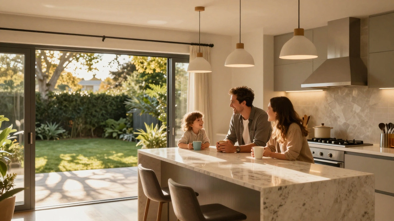 A bright, newly finished kitchen extension with a family enjoying the space and sunlight streaming through glass doors.