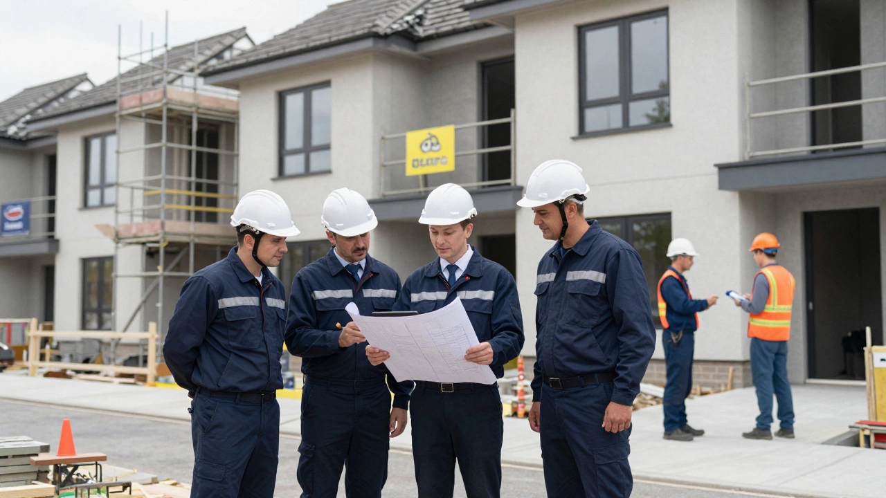 A construction company team managing a multi-story home build with project managers and tradespeople on site.