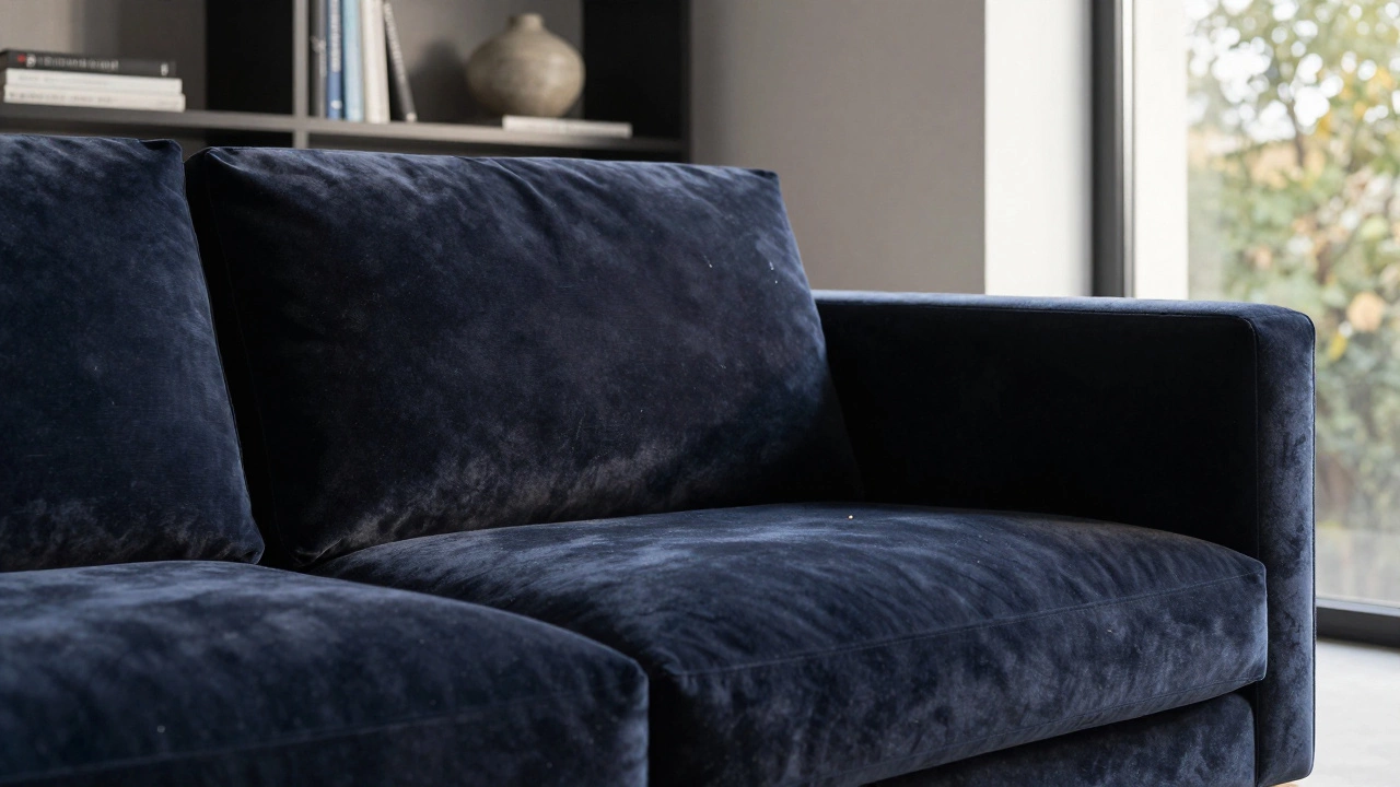 A deep navy velvet sofa in a modern room, catching sunlight with no visible stains or pet hair.