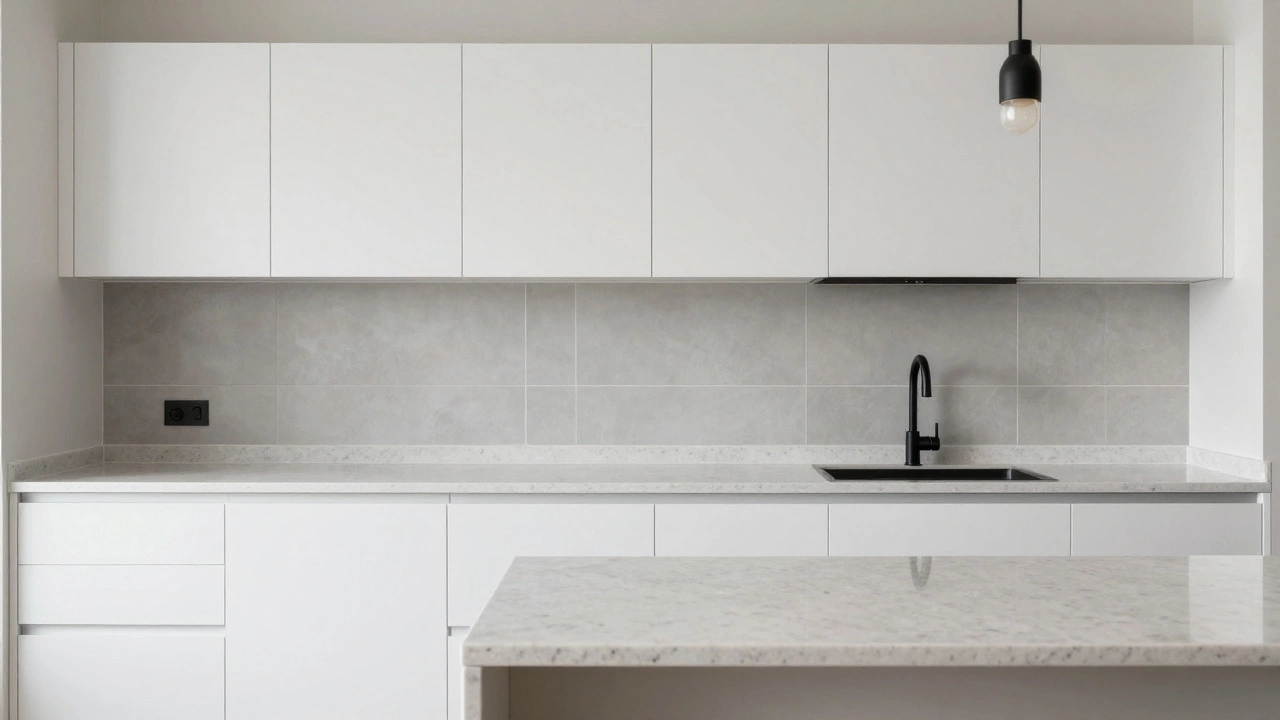 A sleek modern kitchen with white cabinetry, quartz countertops, and matte black fixtures, free of clutter.