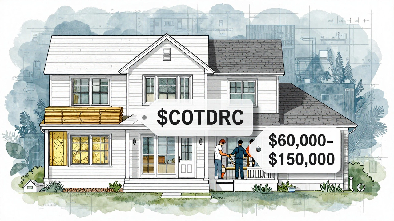 A visual breakdown of costs for a two-story home addition, showing materials and labor with price ranges.