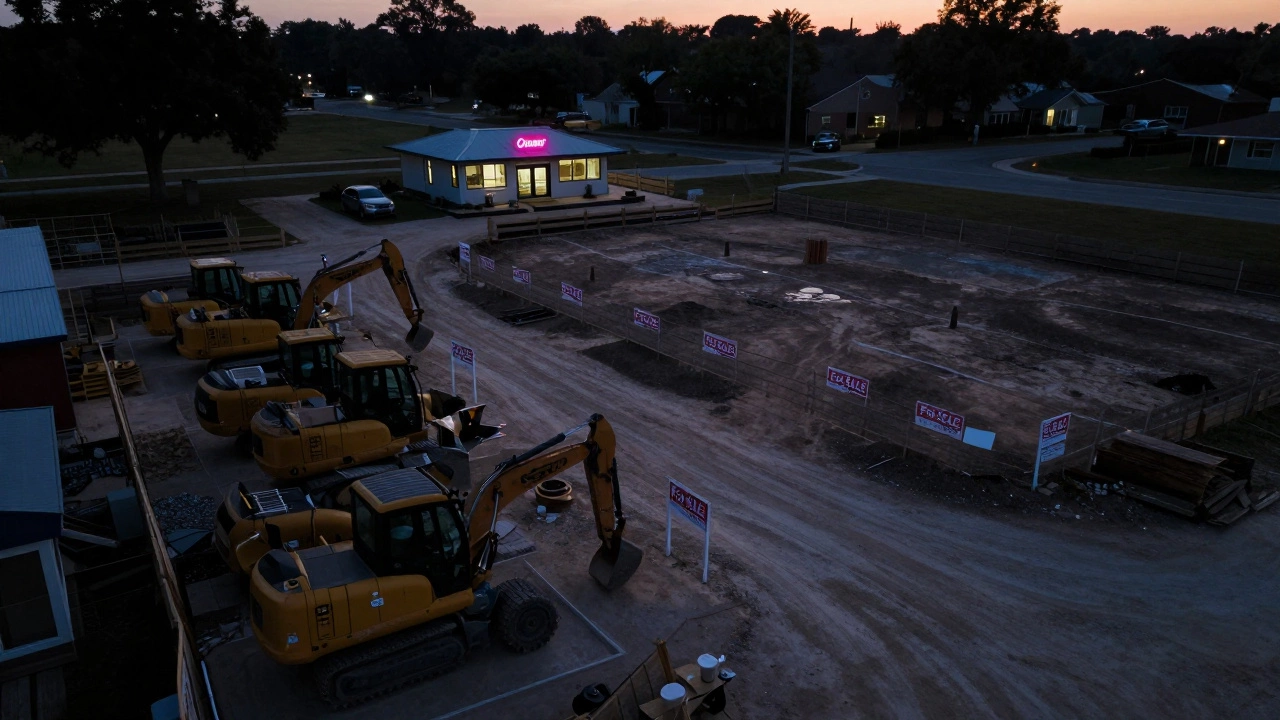 Aerial view of rented construction equipment and a permitted vacant lot with 'For Sale' signs at dusk, symbolizing asset-based wealth.