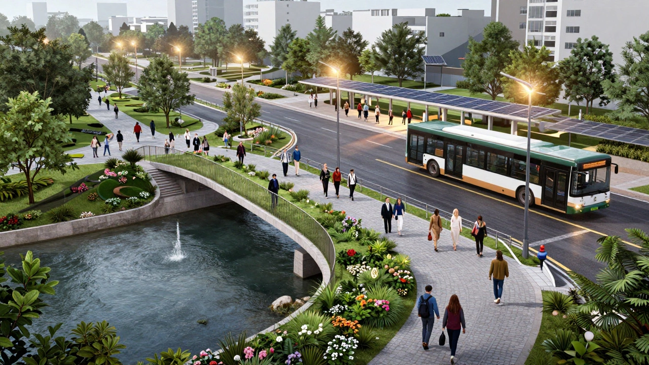 Community scene with pedestrian bridge, rain gardens, and sustainable infrastructure.