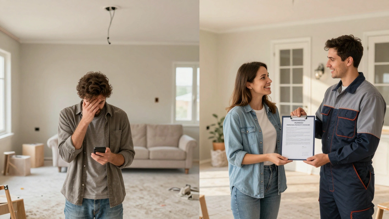 Contrasting scenes of a stressed homeowner with delayed work versus a satisfied client receiving a warranty.