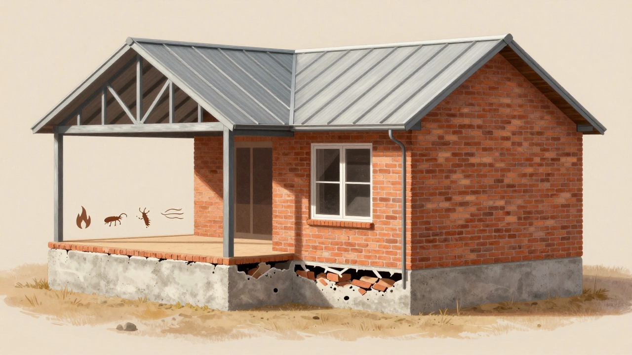Cross-section of a durable home showing concrete, steel, and brick layers resisting damage.