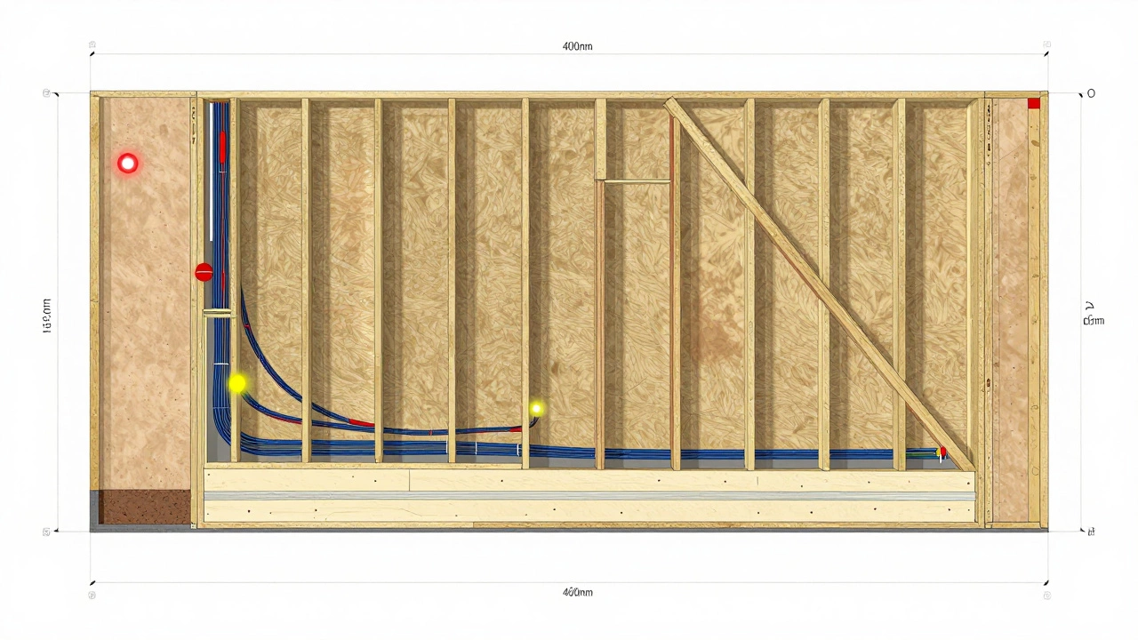 Cross-section of a new build wall showing hidden wires, pipes, and timber studs.