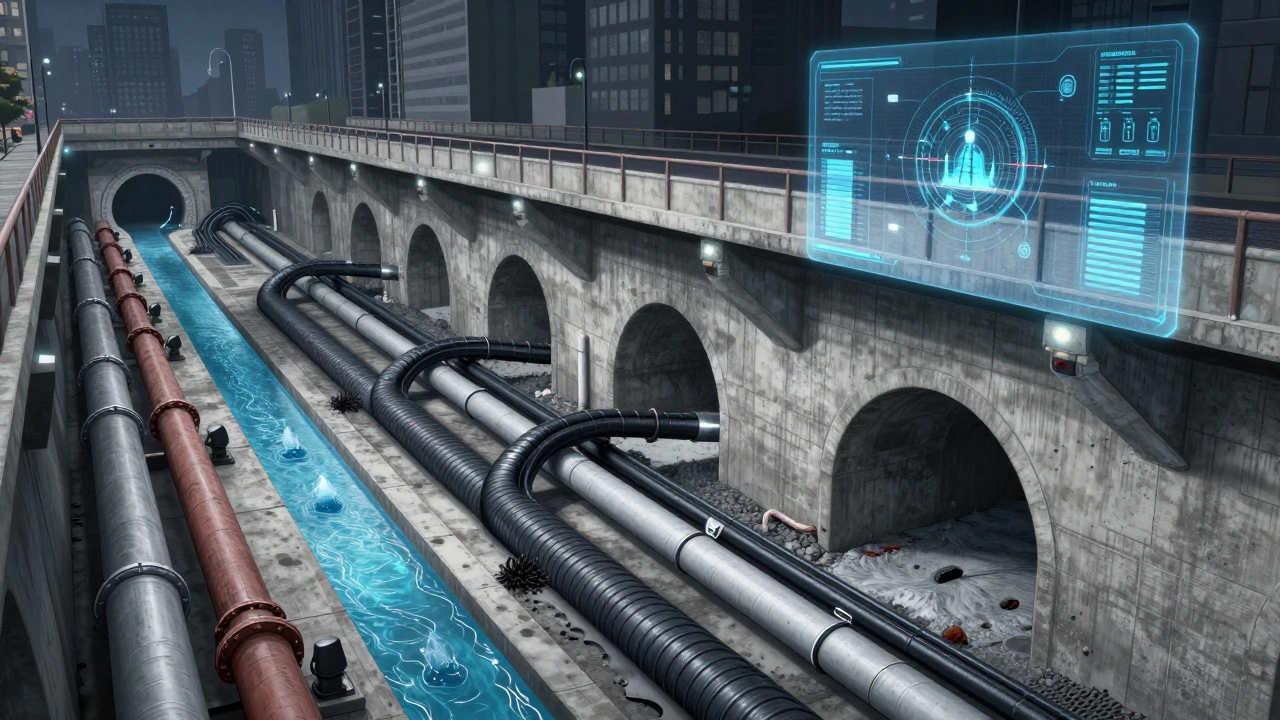 Cross-section of underground water, sewage, and storm drain systems with smart sensors.