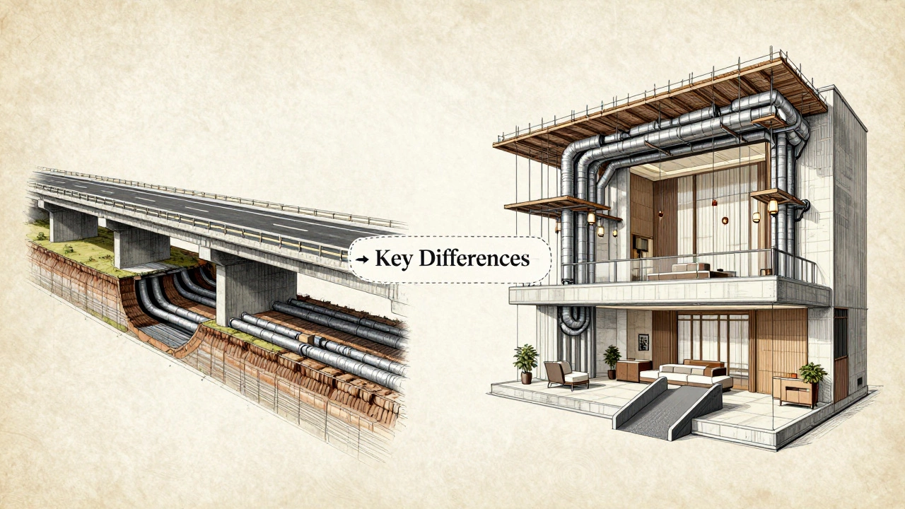 Dual-panel diagram contrasting highway infrastructure with hotel interior systems in blueprint style.