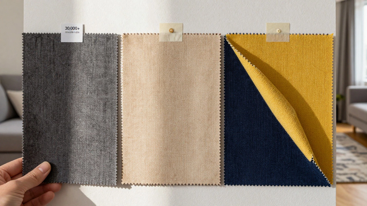 Fabric swatches of neutral sofa colors taped to a wall, showing how light changes their appearance.