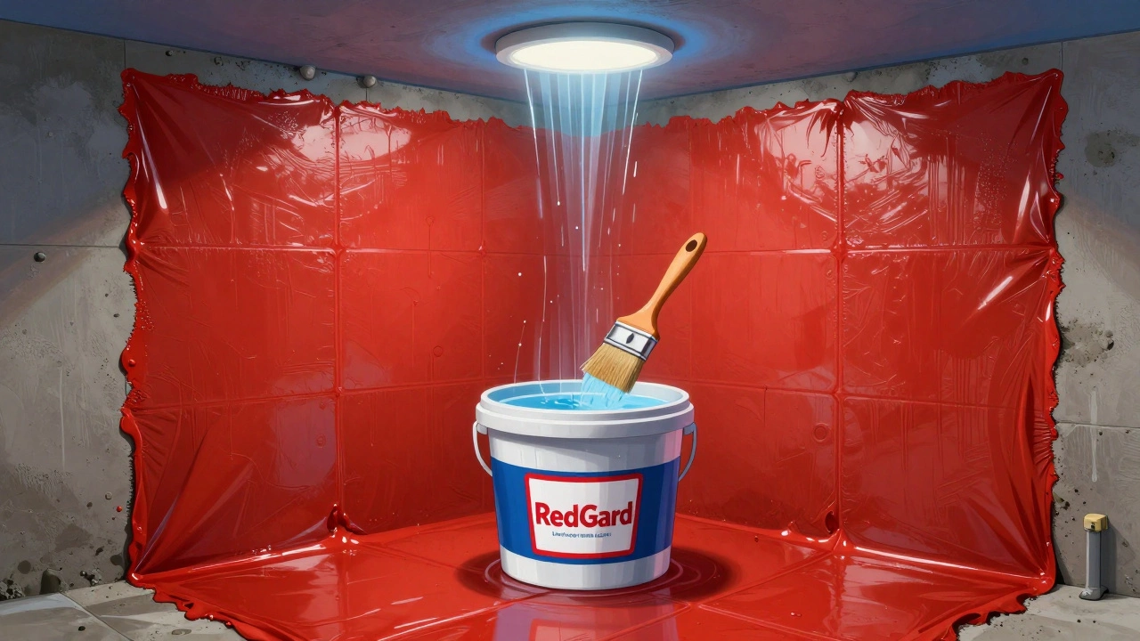 Liquid waterproofing membrane being applied to a shower pan over cement board.