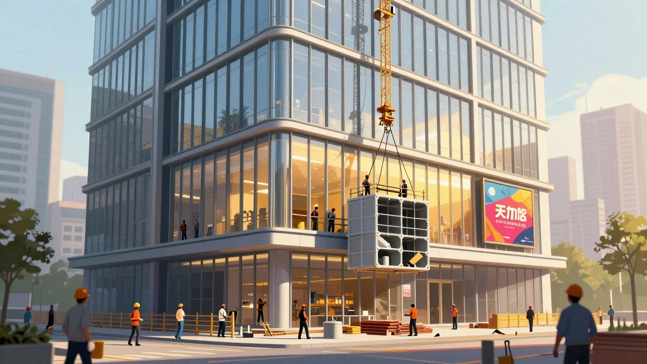 Modern office tower under construction with workers installing glass walls and cranes lifting modules.
