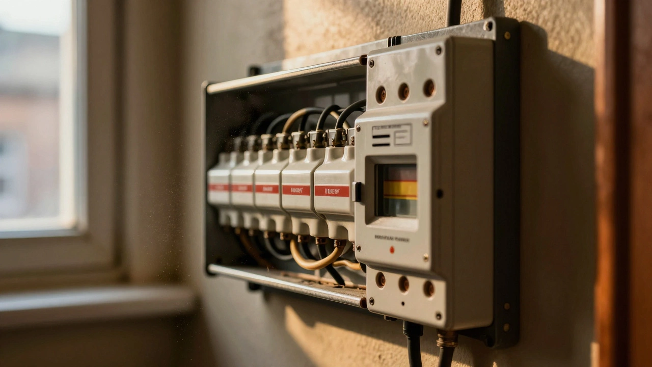 Old fuse box with frayed rubber wiring beside a new consumer unit in a dimly lit hallway.