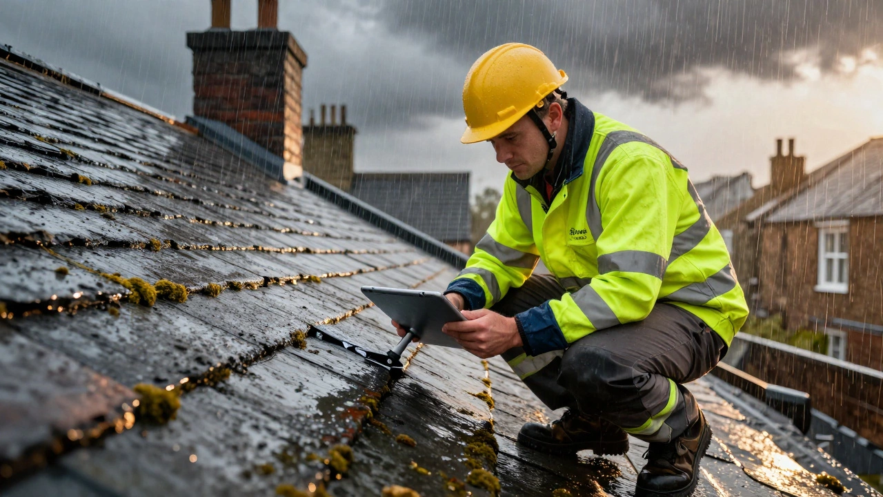 Roofer inspecting a storm-damaged slate roof with tablet, rain falling around them in London.