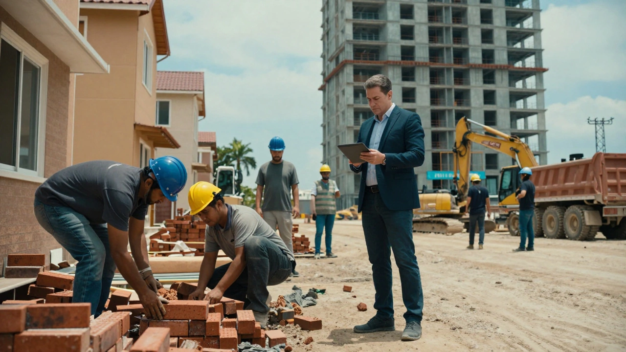 Split image: residential crew working on left, business owner overseeing commercial project on right, showing growth from labor to leadership.