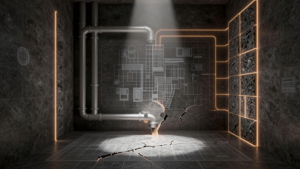 Transparent blueprint layers revealing hidden plumbing, structure, and permits behind bathroom tiles.