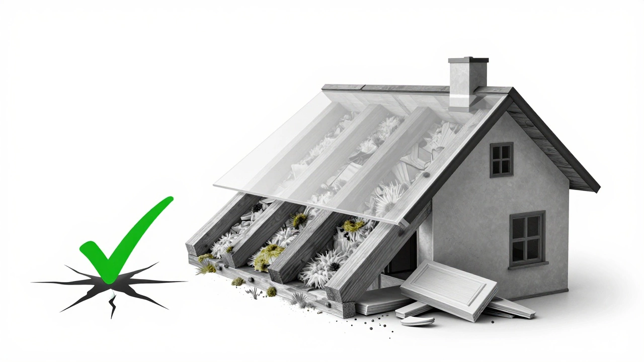 Transparent roof showing progressive damage from small leak to structural collapse, with green checkmark over early repair.