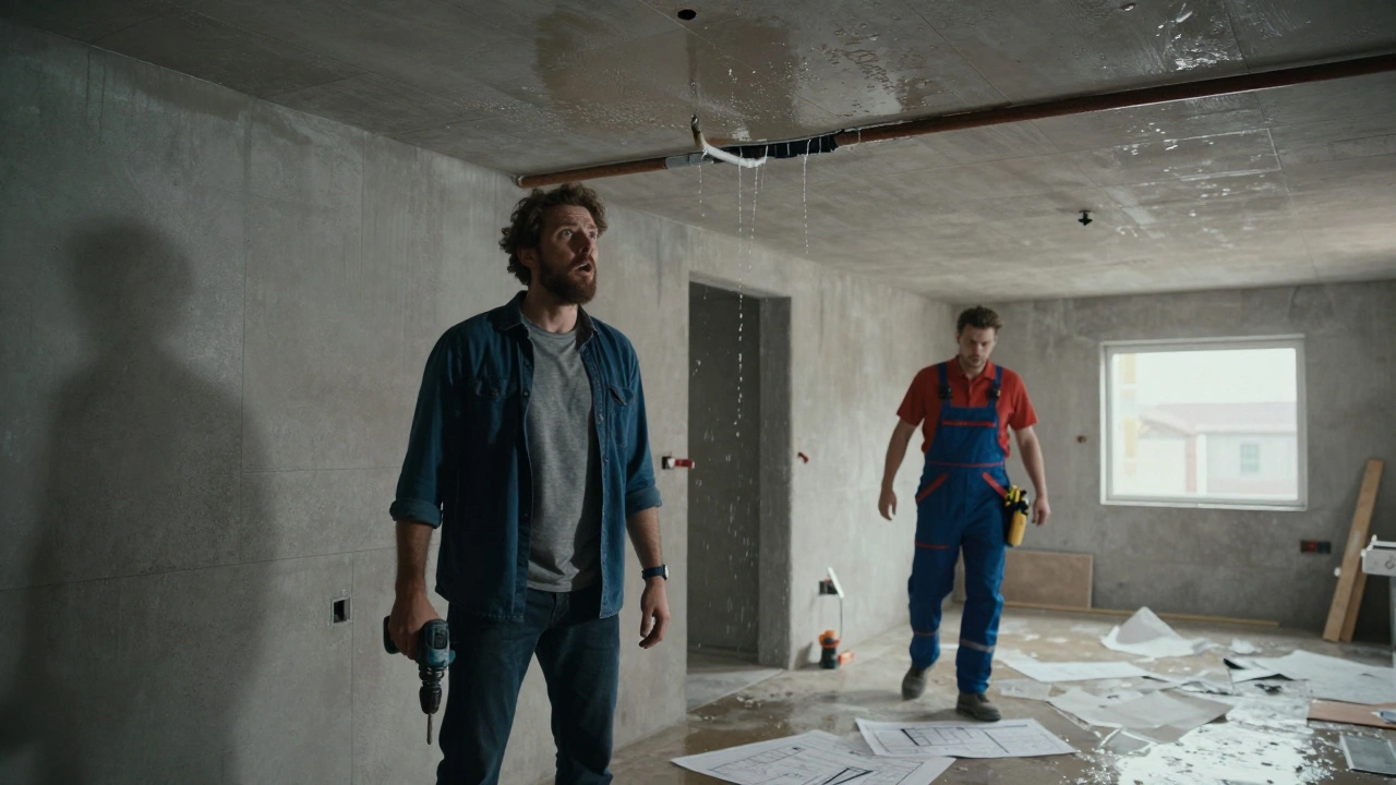 Water dripping from a ceiling after a drilling accident in a new build home.