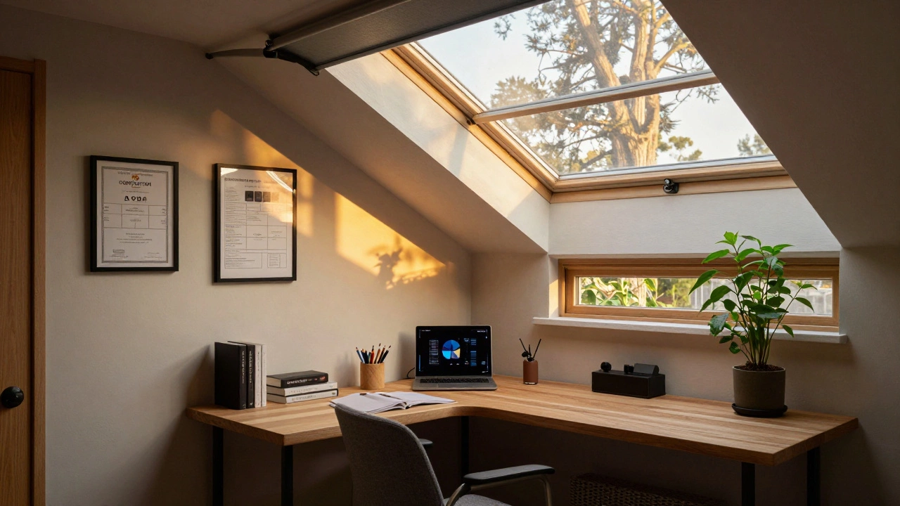 A converted garage home office with skylight and underfloor heating, showing a finished, functional space.