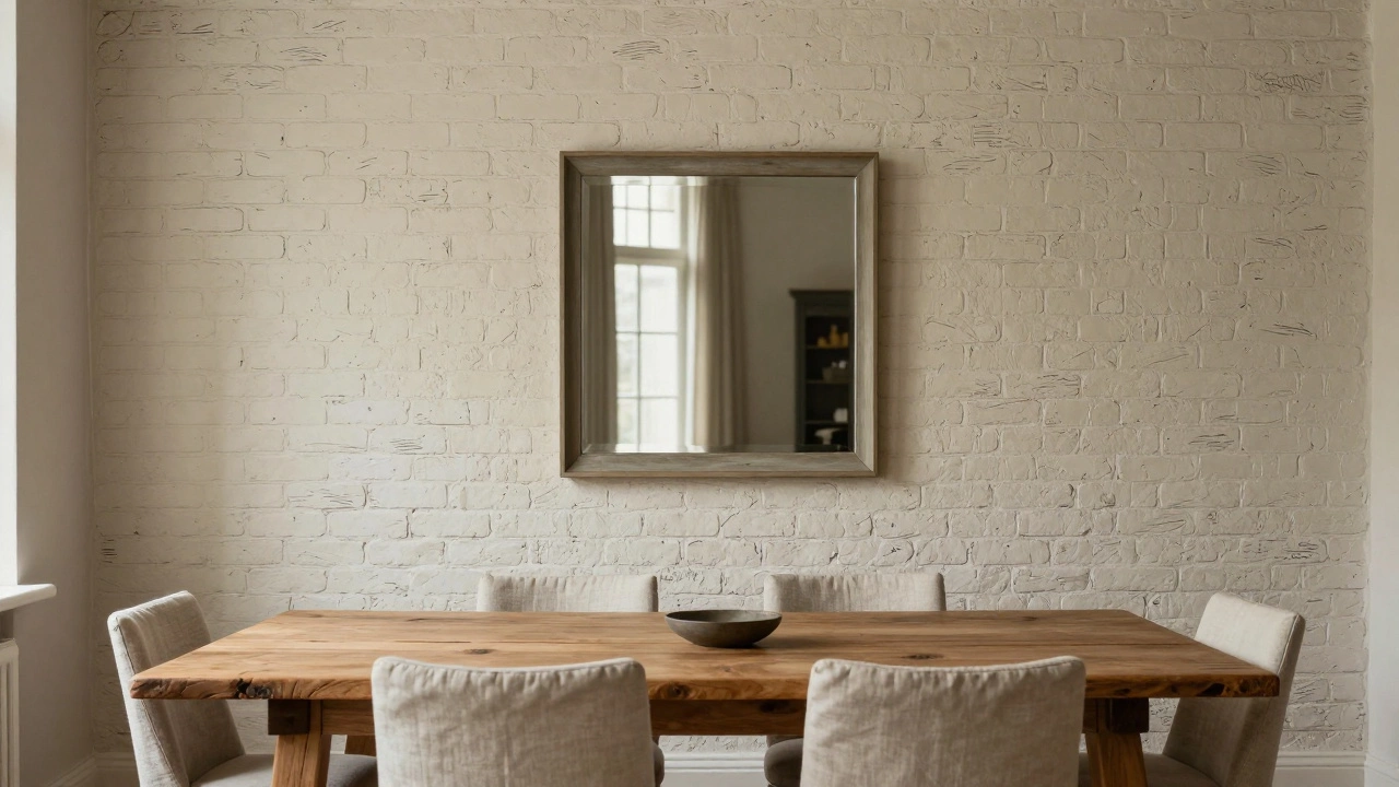 A dining room with cream brick wallpaper, reclaimed oak table, and linen chairs, reflected in a large off-center mirror.