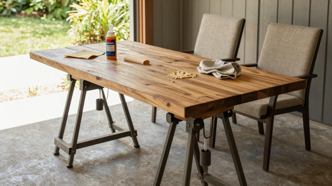 A dining table converted into a workbench on sawhorses, with repurposed chairs nearby as patio seating.