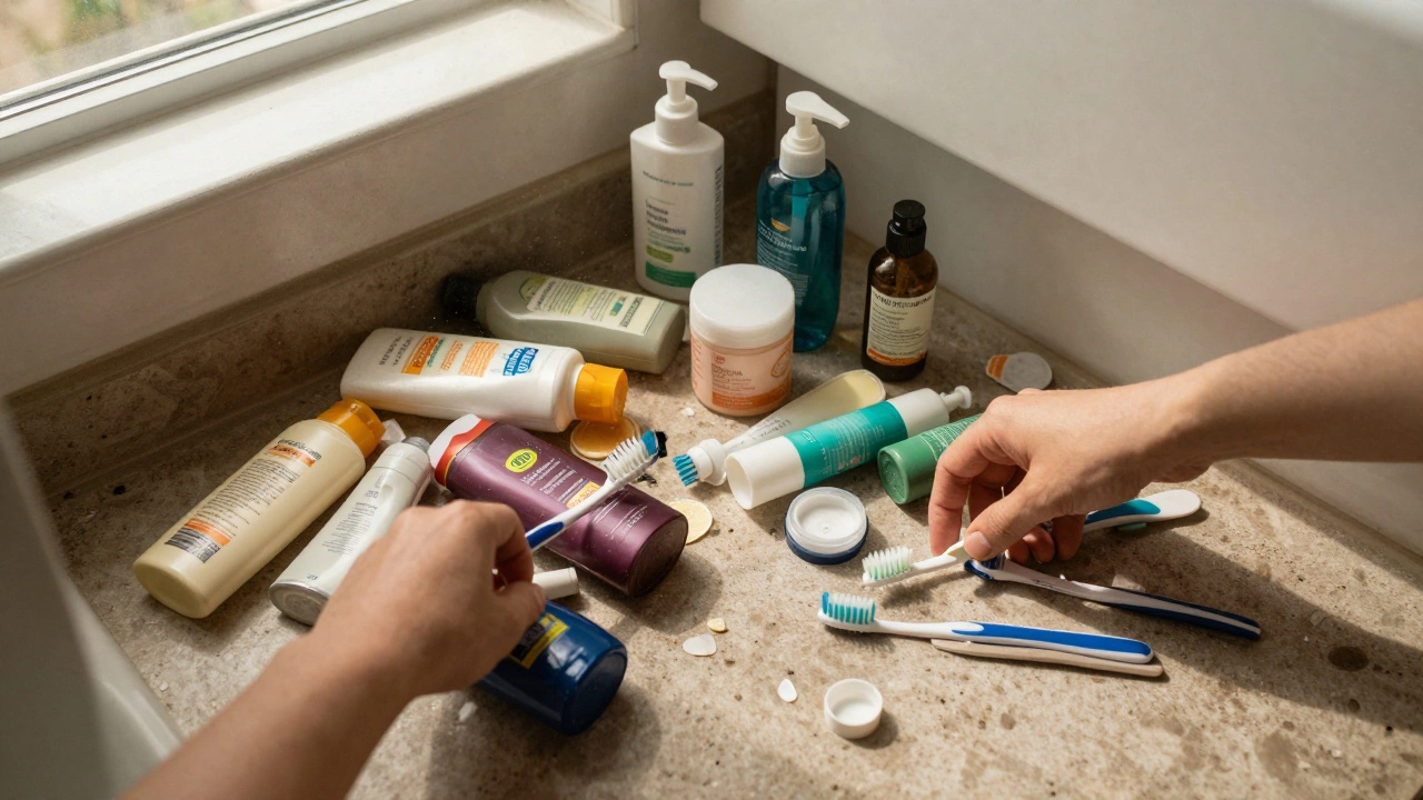A hand sorting through expired beauty products on a bathroom floor, contrasting clutter with an empty counter.