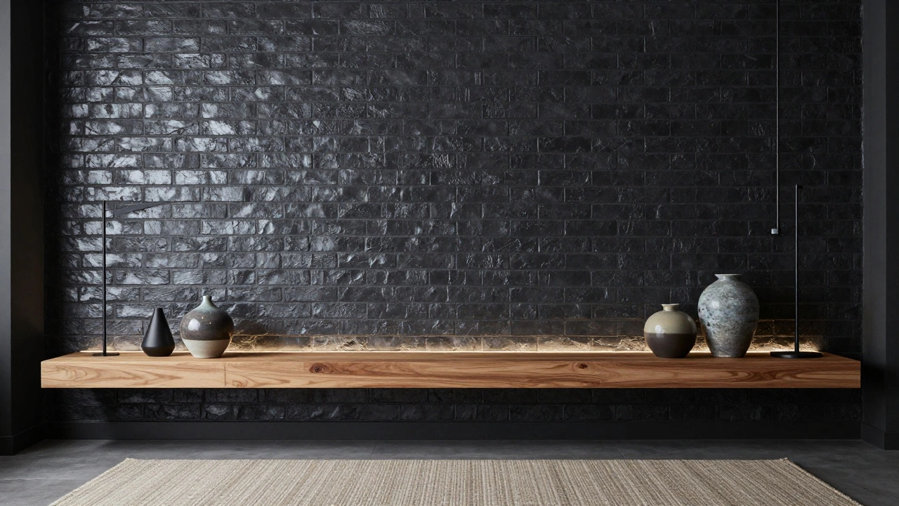 A home office with charcoal brick wallpaper and metallic sheen, lit by LED strip and featuring ceramic vases on a wooden shelf.