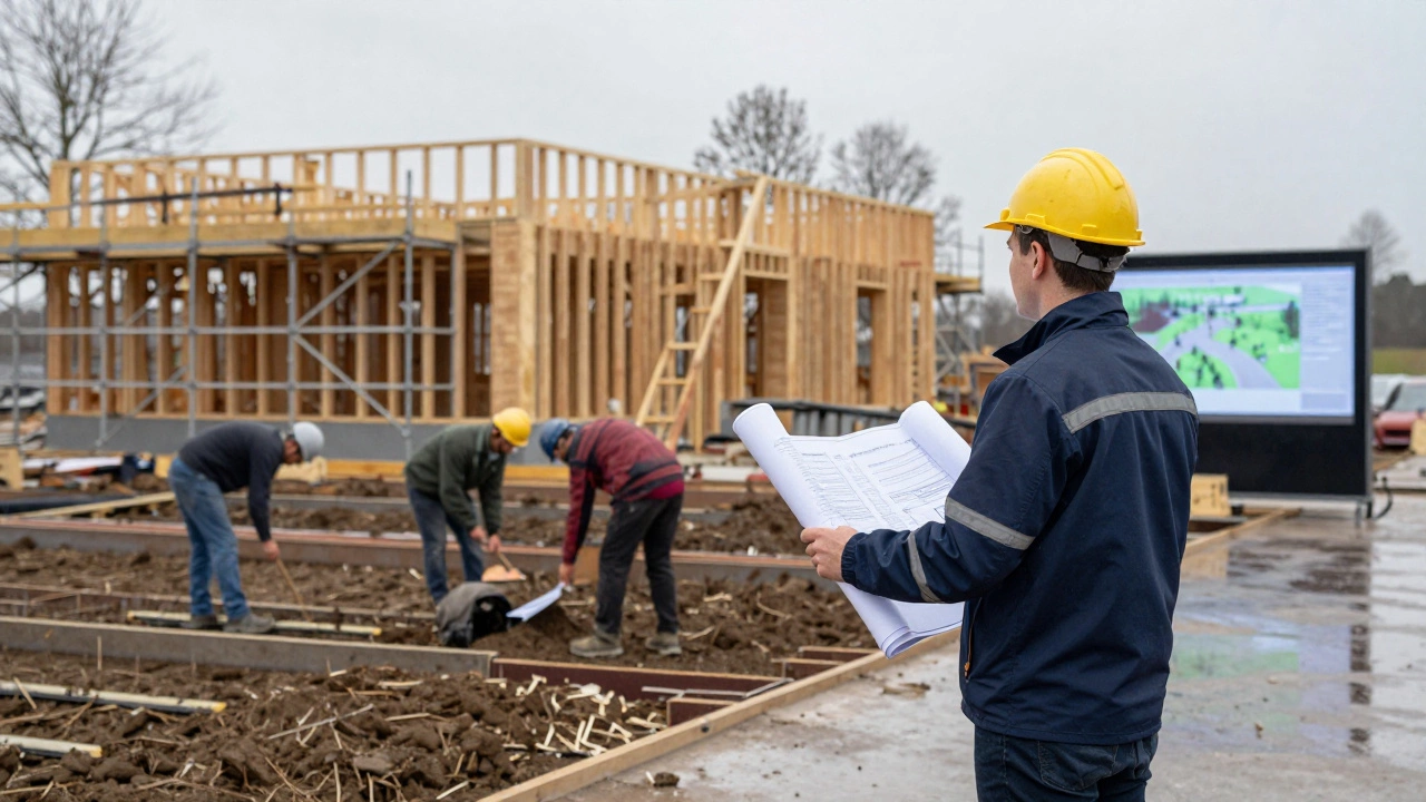 Architect observing foundation work on a construction site, blueprints in hand, BIM model projected nearby.