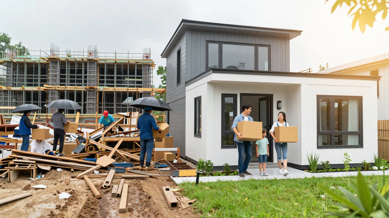 Contrast between messy traditional construction site and tidy modern modular home with family moving in.
