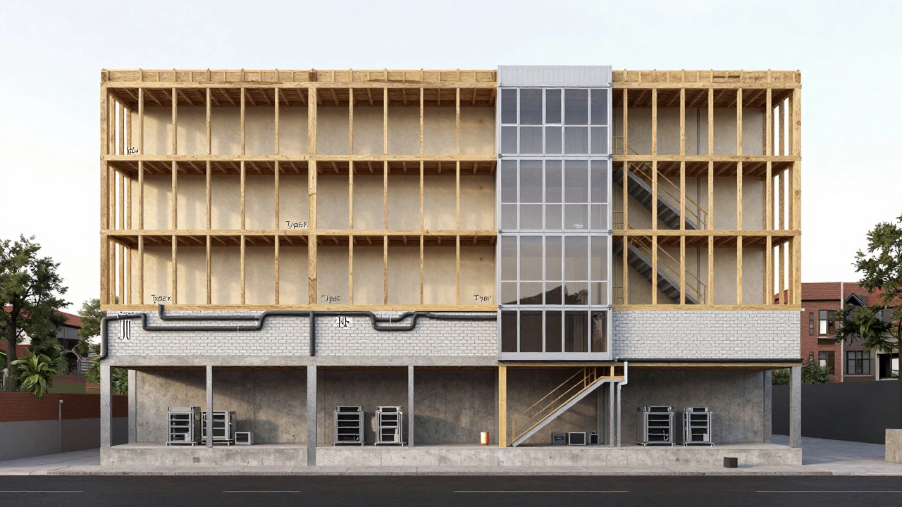 Cross-section of a building showing Type I base, Type V upper floors, and a detailed fire separation barrier.