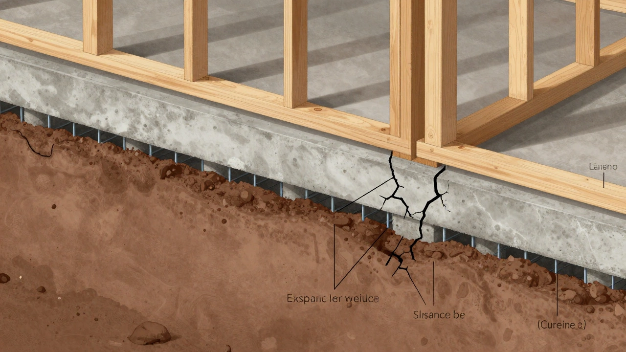 Cross-section showing soil movement, foundation reinforcement, and crack formation in a new home.