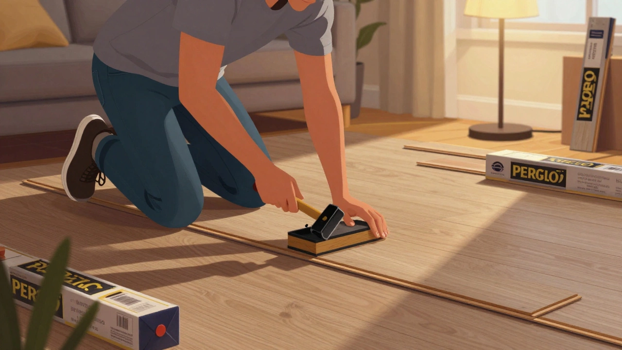 DIY homeowner installing laminate flooring using a tapping block in a cozy living room.