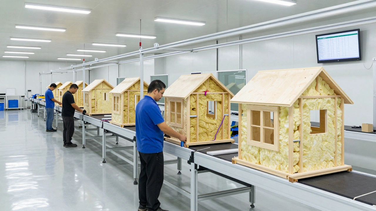 Factory production line assembling modular home components with workers in high-vis gear.