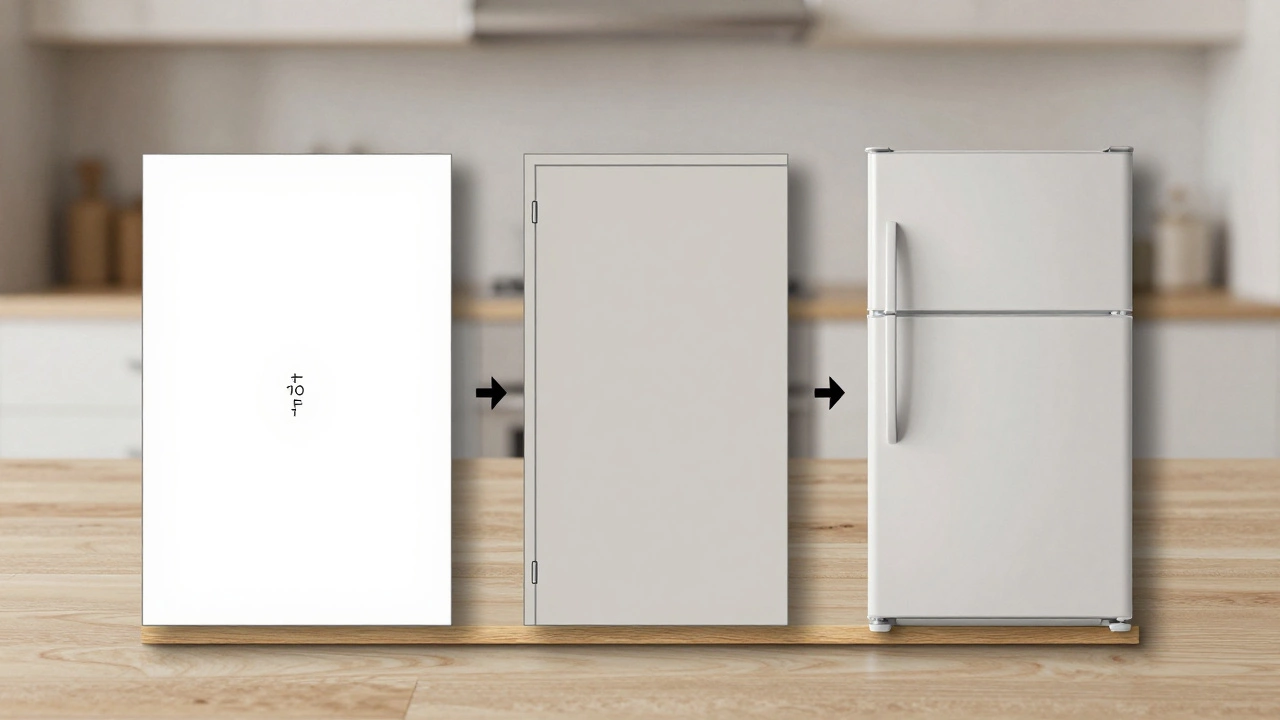 Flat-lay of kitchen design elements: cabinet depth, fridge overhang, clearance guidelines, and matching trim.