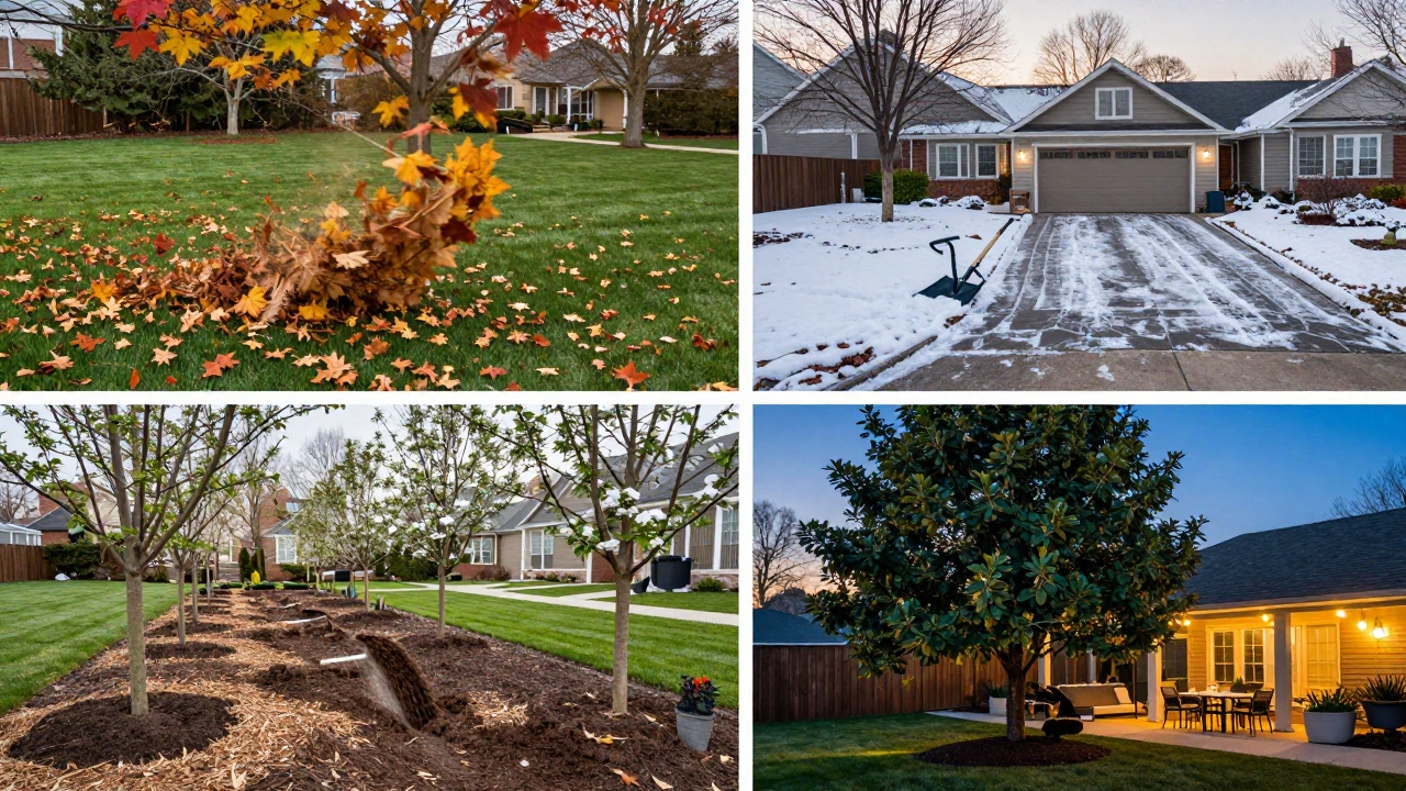 Four-season landscaping cycle showing autumn leaves, winter snow, spring mulching, and summer lighting.