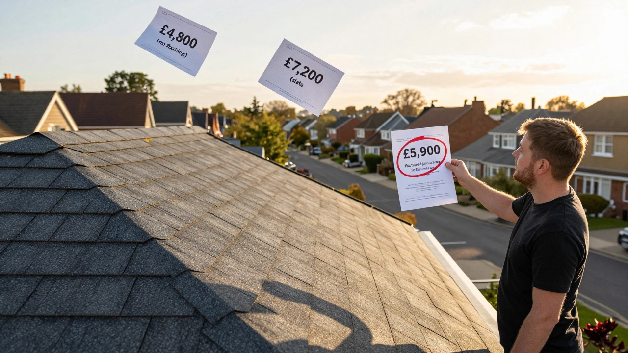 Homeowner holding a detailed roof quote beside their new composite roof, other quotes blowing away.
