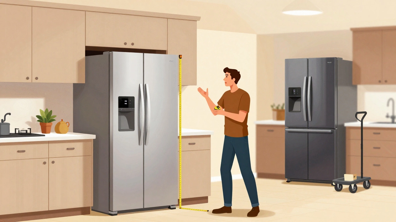 Large refrigerator protruding from cabinets while a counter-depth model is delivered, carpenter measuring the gap.