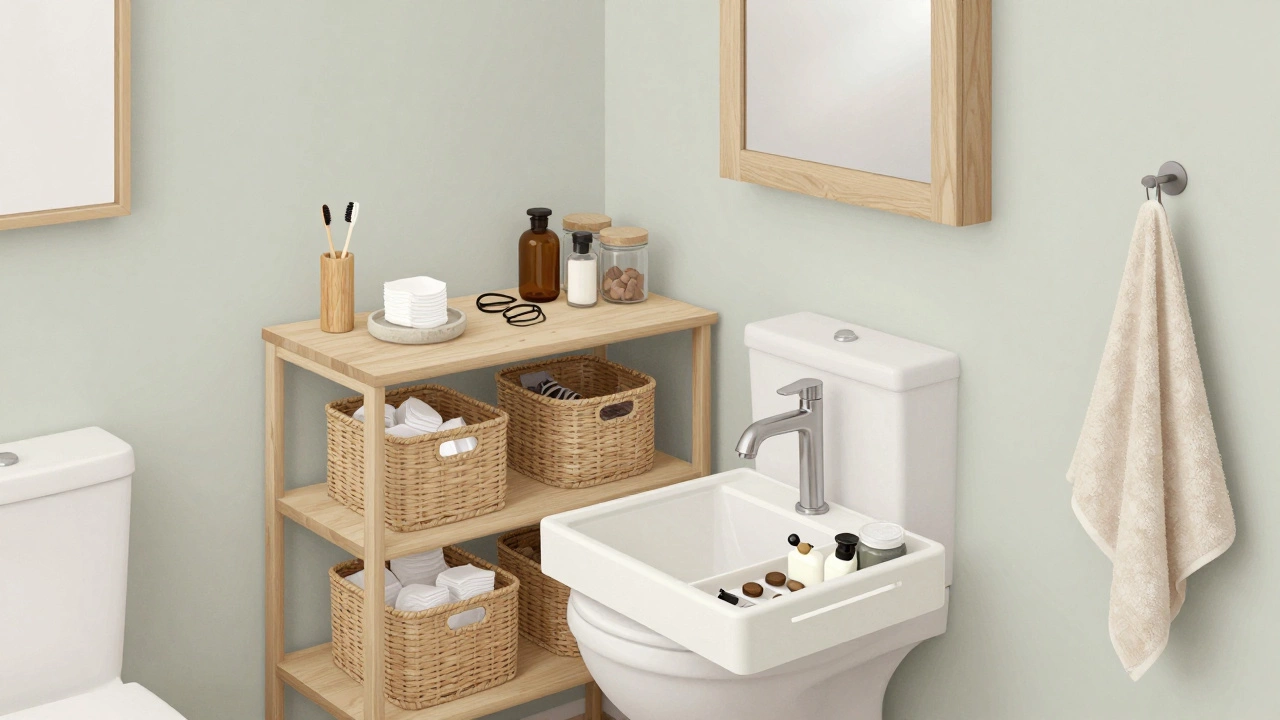 Open shelving with woven baskets and natural material storage in a calm, softly colored minimalist bathroom.