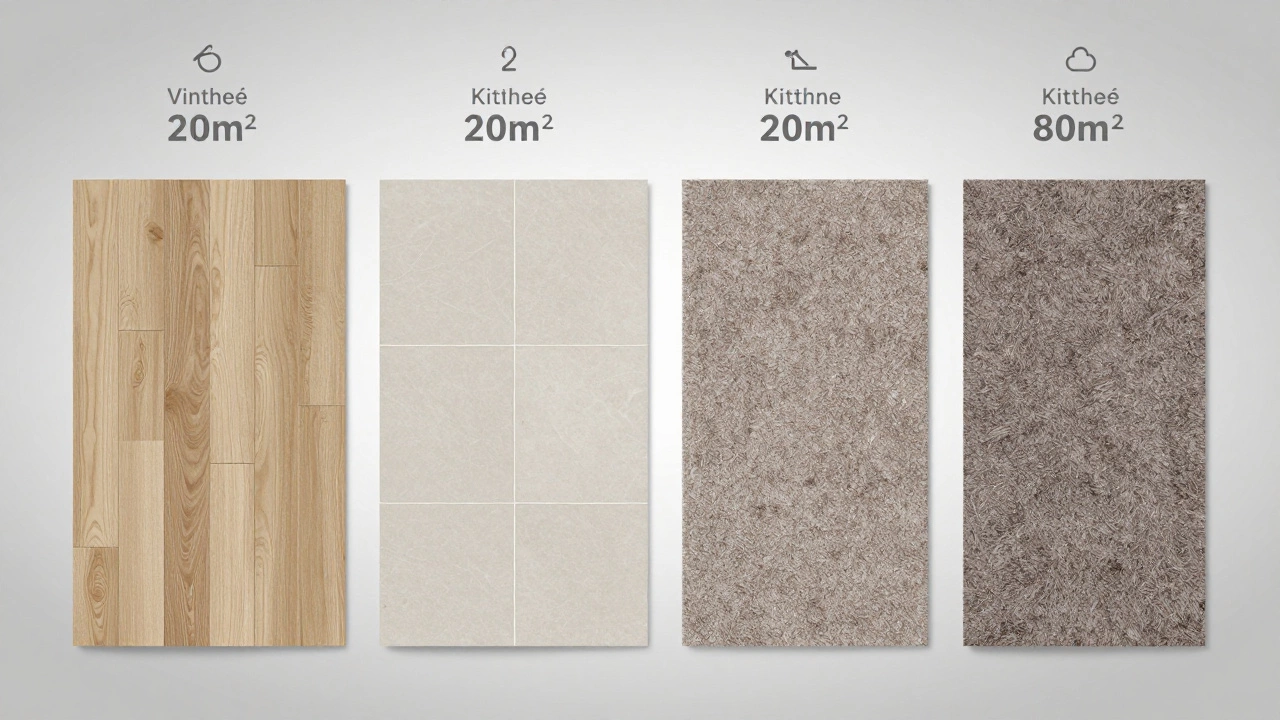 Overhead comparison of four flooring types in a kitchen: vinyl, laminate, tile, and carpet.