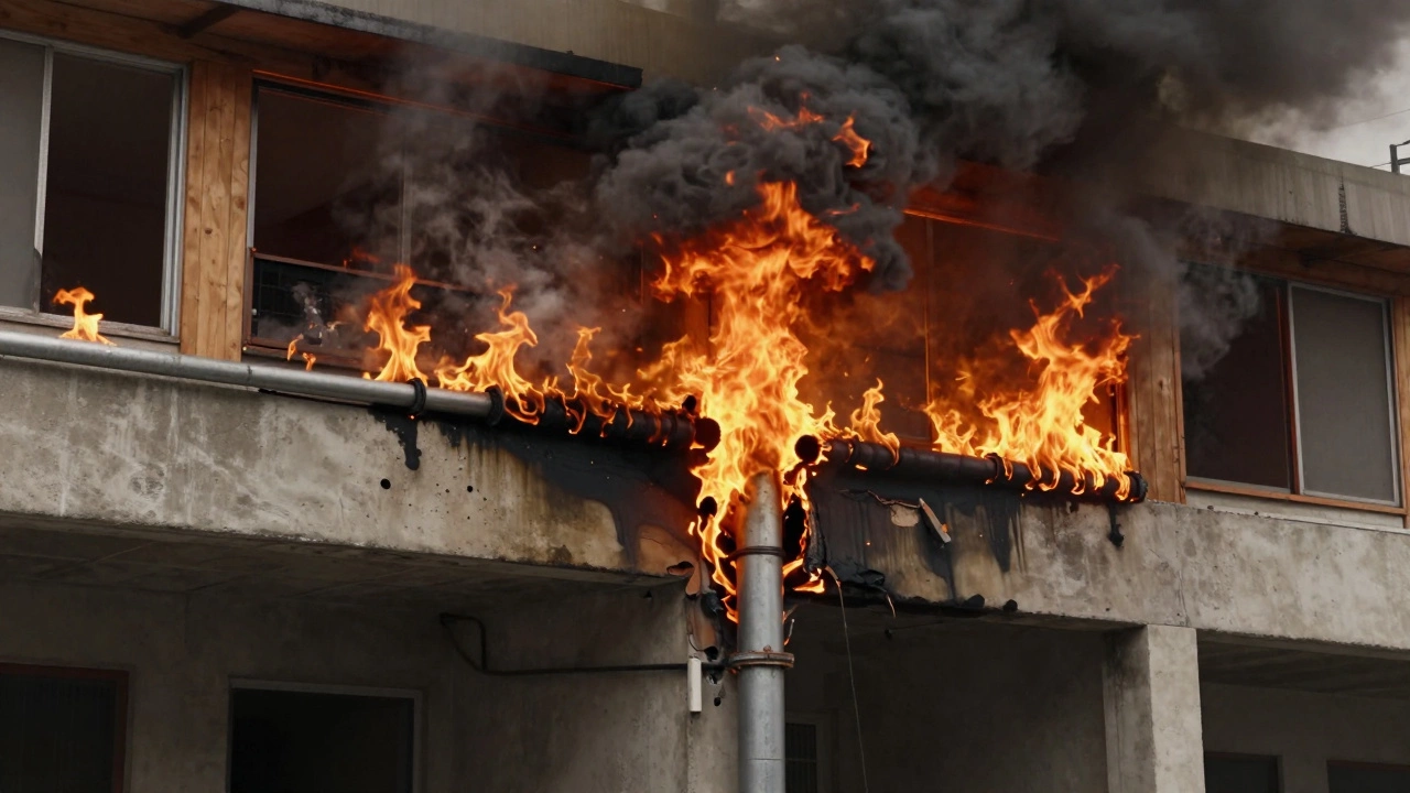 Smoke spreading through a breached fire wall in a mixed-construction building, highlighting a dangerous code violation.