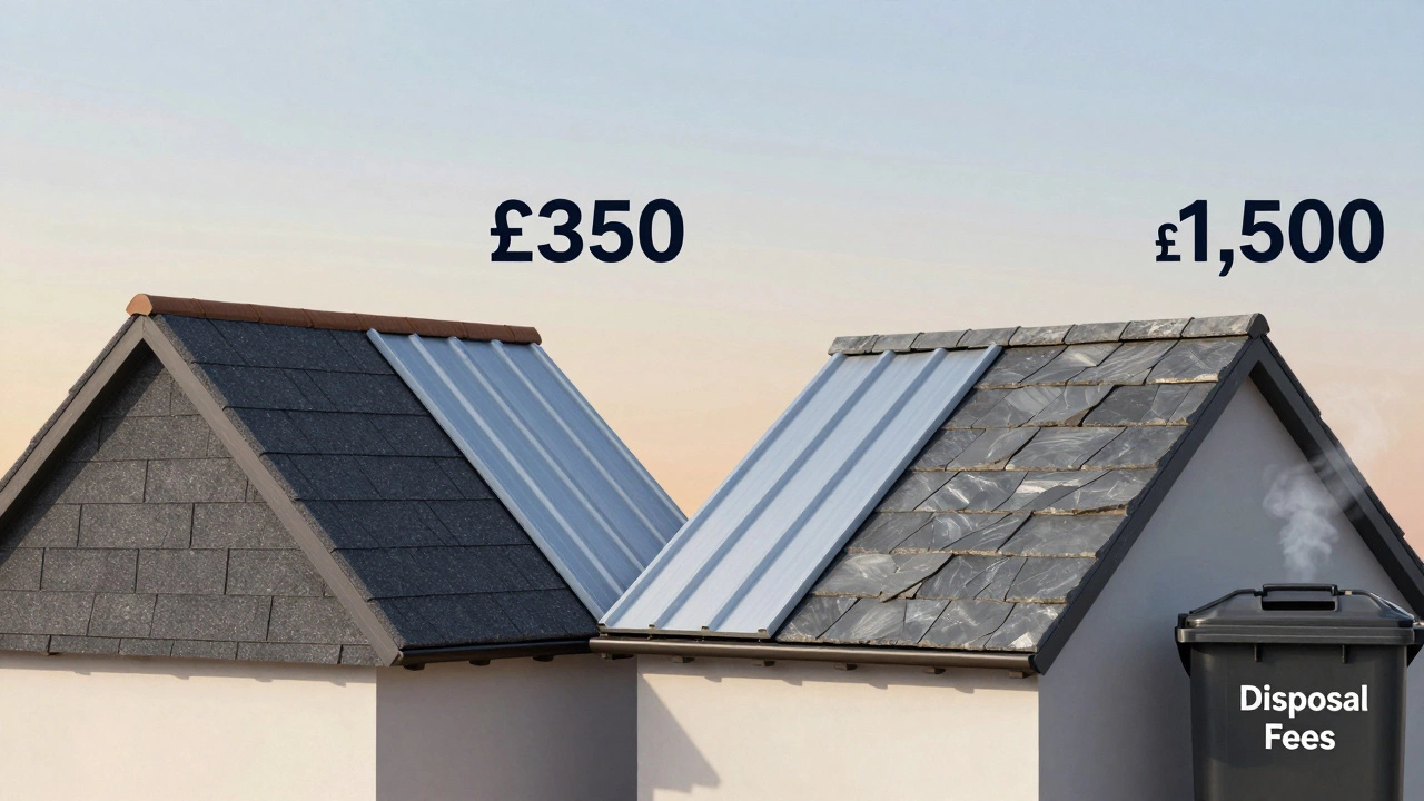 Three roofing materials side by side with price tags: asphalt, metal, and slate tiles.