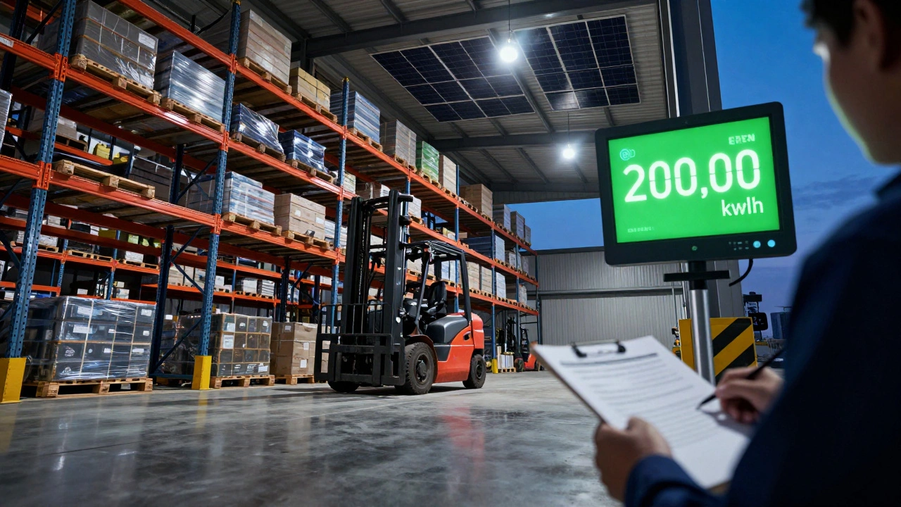 Warehouse interior with racking systems, forklifts, and solar panels, showing high energy usage and compliance monitoring on concrete floor.