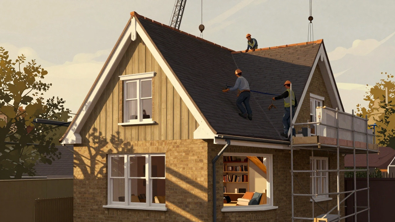 A Victorian detached home with a hip-to-gable loft conversion under construction, showing transformed roofline and scaffolding.