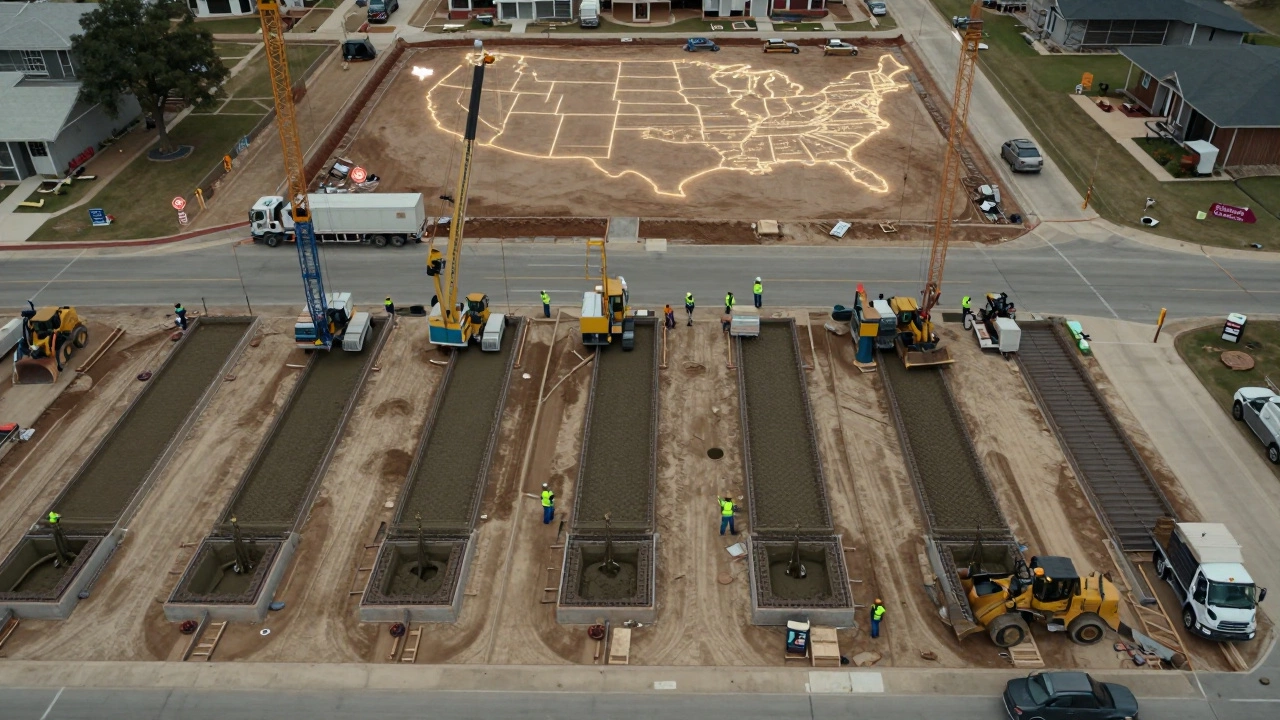 Aerial view of a DR Horton construction site in Texas with dozens of home foundations being poured in unison.