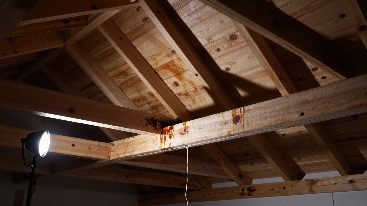 Attic view of sagging roof trusses with water stains and a gap from the ridge beam, lit by a work lamp.
